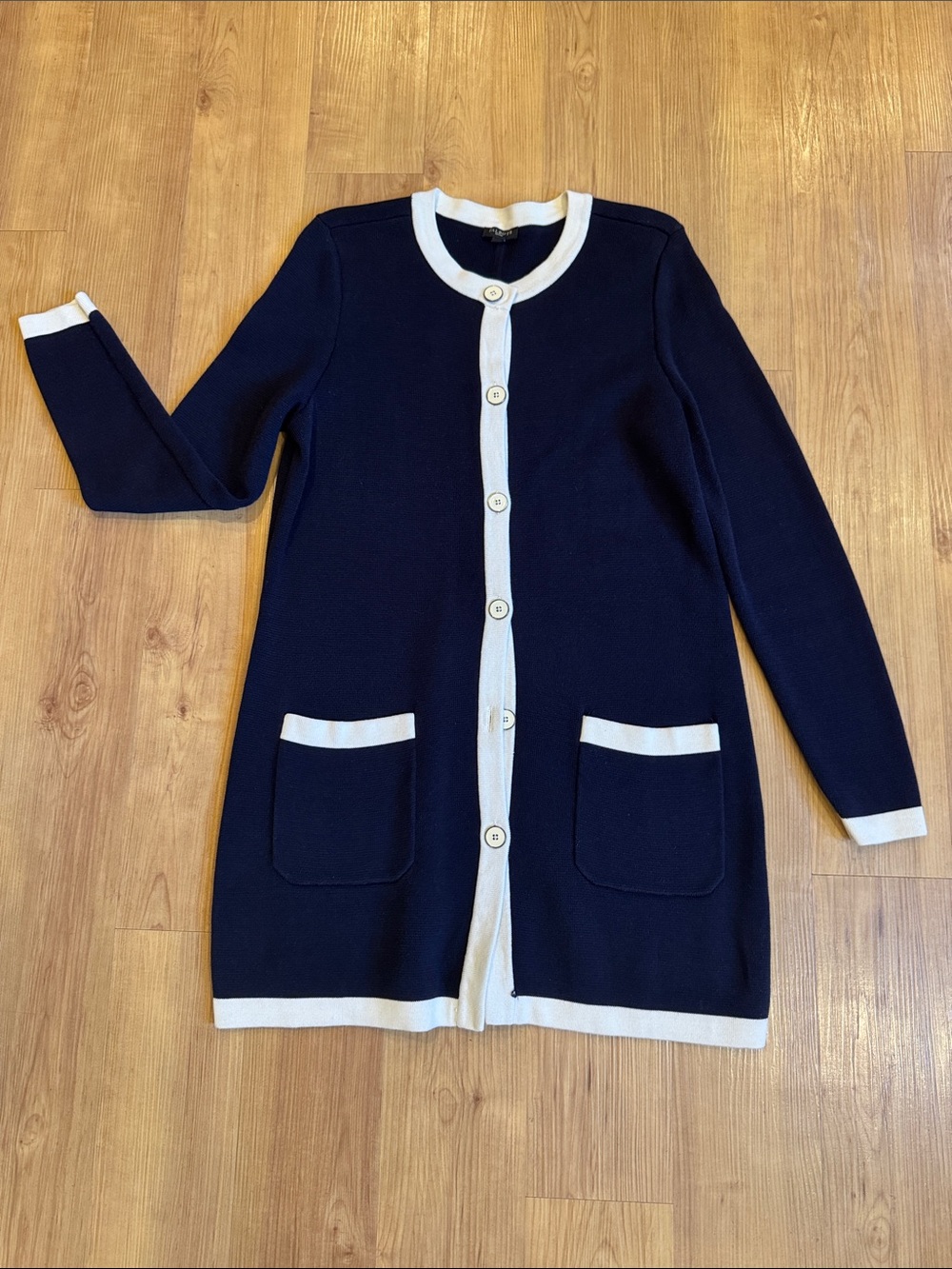 Talbots Navy Long Button-Front Cardigan/Coat with CreamTrim